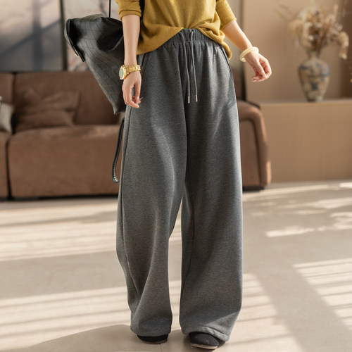 咖咪羽100%棉休闲裤女秋冬新款女士加绒宽松中高腰复古女装裤子厚