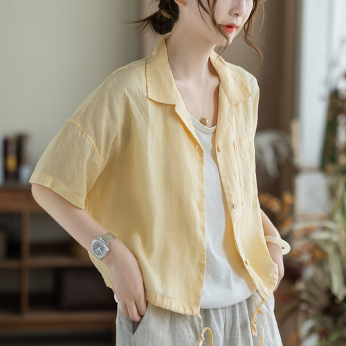 咖咪羽100%亚麻复古翻领衬衫女夏季薄款透气宽松显瘦女装开衫上衣