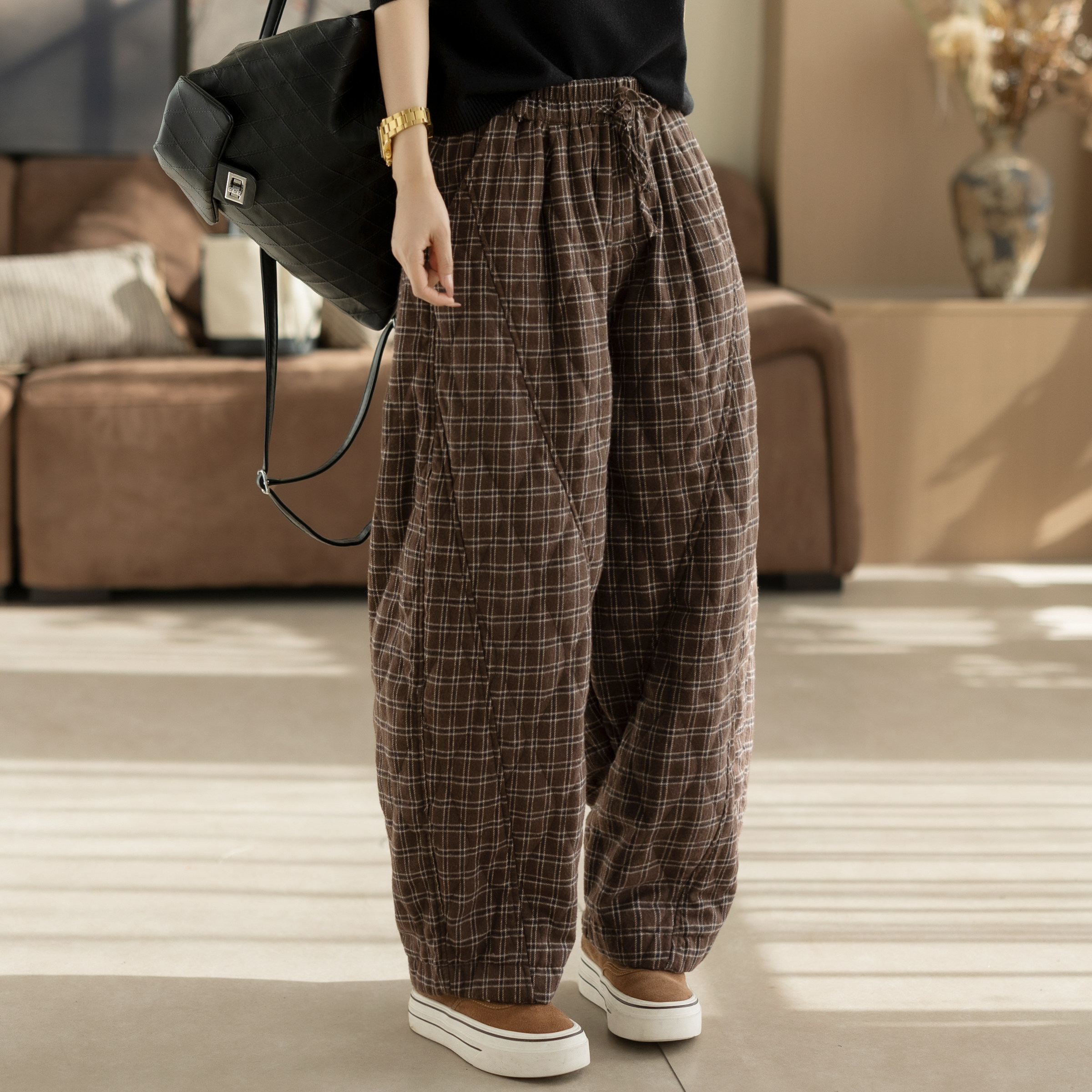 咖咪羽格子棉裤女冬2025装新款文艺时尚流行棉质女士气质女装裤子