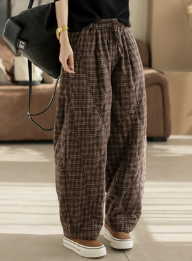 咖咪羽格子棉裤女冬2025装新款文艺时尚流行棉质女士气质女装裤子