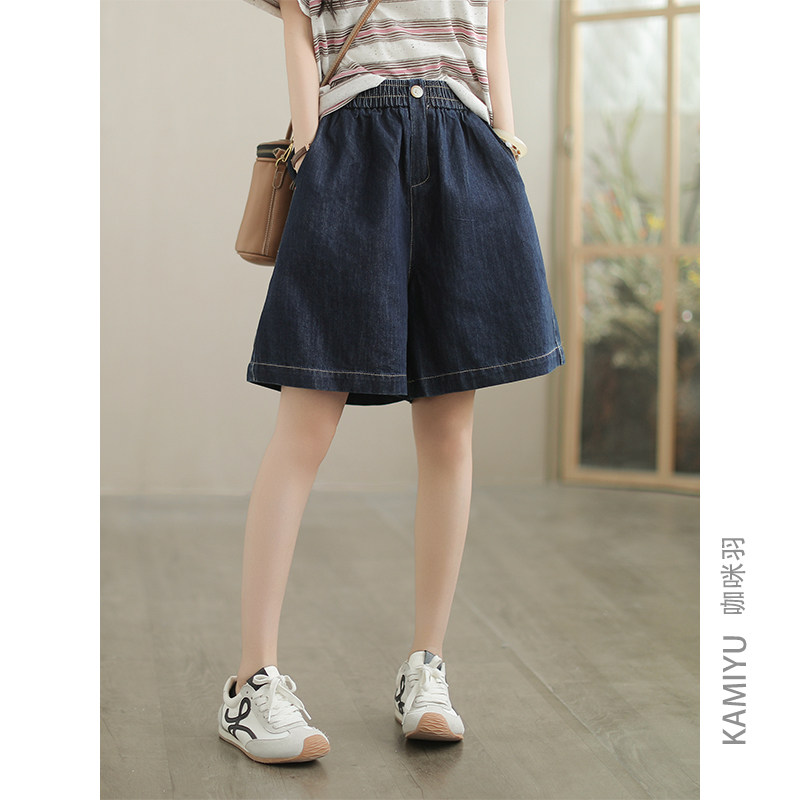 2025年新款短裤女时尚深蓝薄款复古宽松直通拼接百搭女装五分裤女