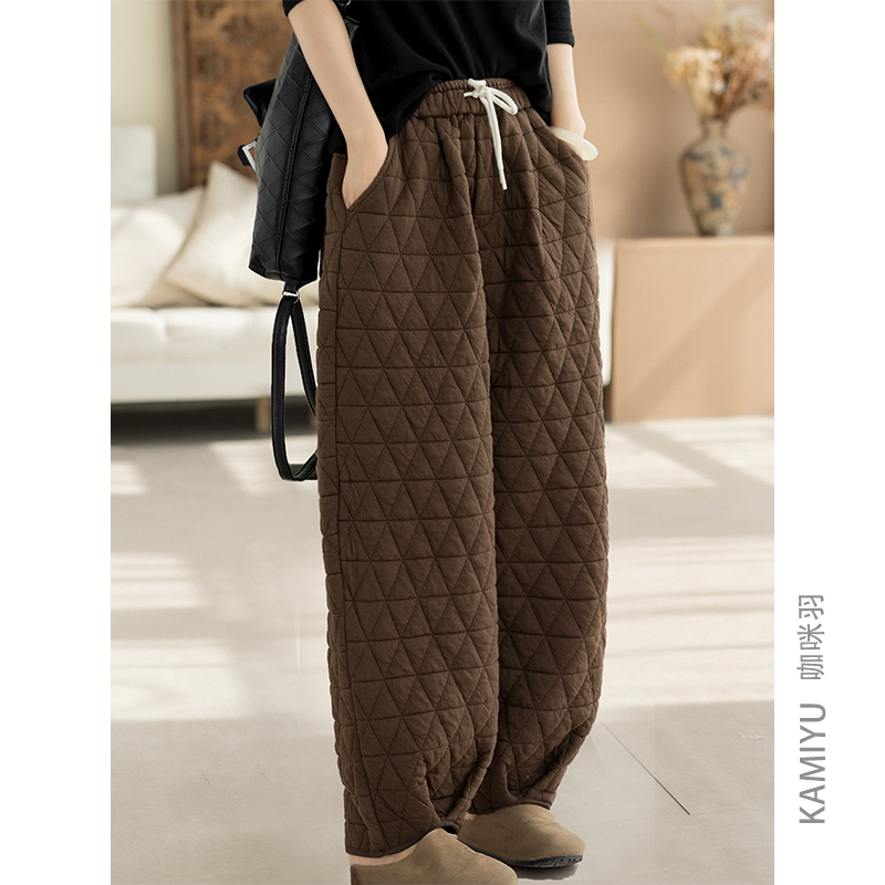 咖咪羽休闲裤女秋冬新款菱形格束脚时尚女士宽松好看拼接女装裤子