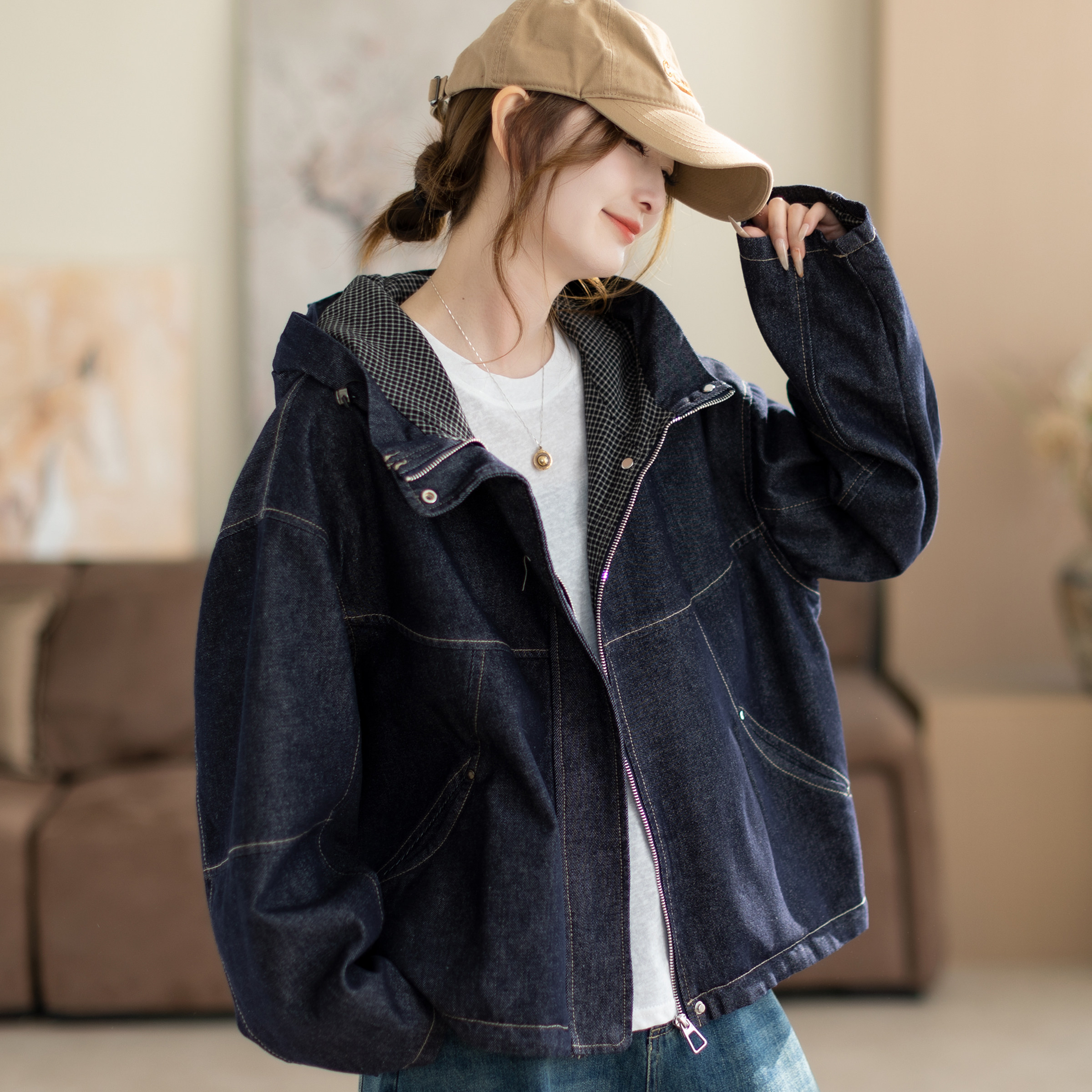 咖咪羽牛仔外套女春秋新款女士帽子深蓝宽松复古休闲气质女款上衣