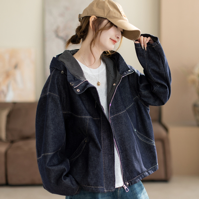 咖咪羽牛仔外套女春秋新款女士帽子深蓝宽松复古休闲气质女款上衣