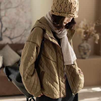 咖咪羽棉服女冬装新款女士休闲菱形格帽子宽松纯色复古女装棉袄