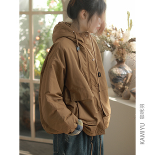 纯色气质拼接女装 时尚 外套 夹棉薄棉服休闲连帽工装 咖咪羽秋冬新款