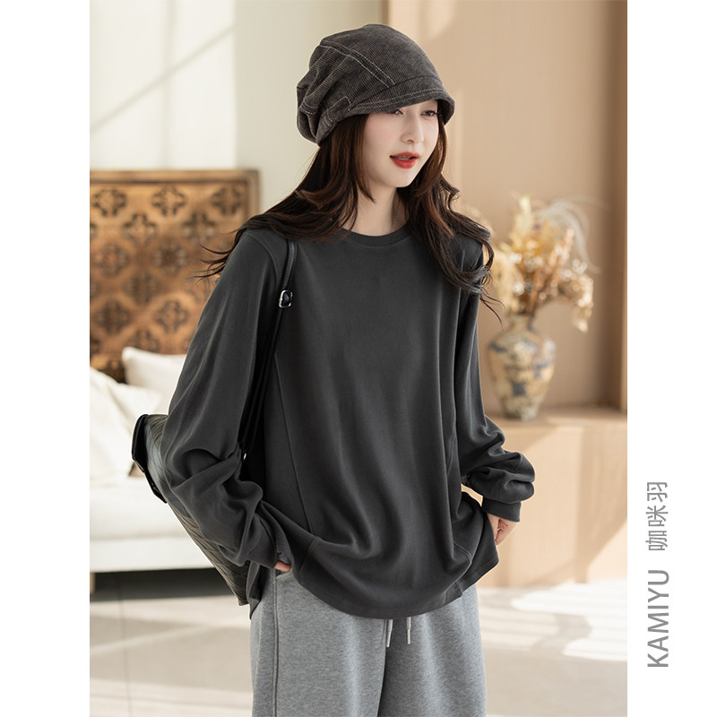 咖咪羽打底衫女秋冬新款纯色文艺显瘦洋气女士圆领宽松女装上衣