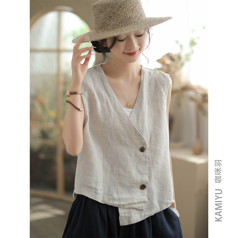 咖咪羽100%亚麻女新款无袖女士宽松拼接个性下摆女装上衣马甲外套
