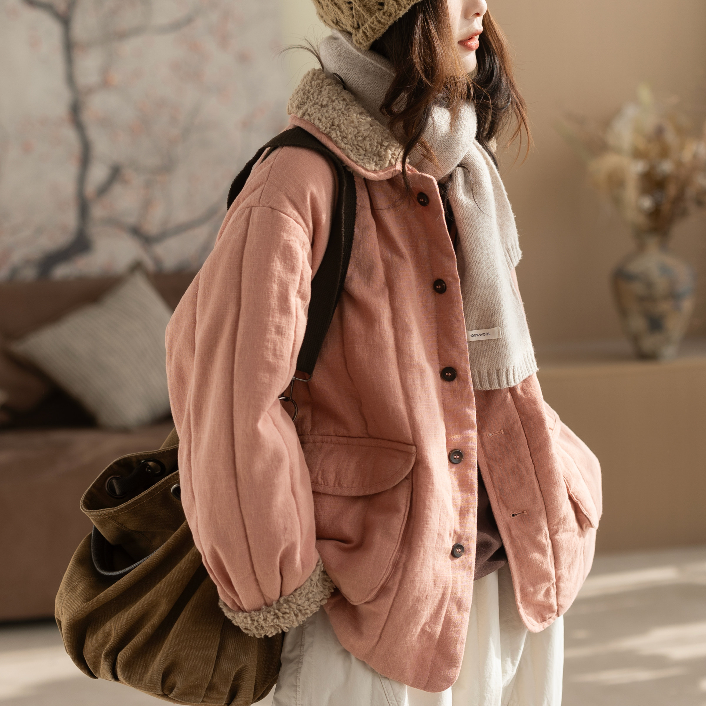 咖咪羽棉服女冬装新款女士70%苎麻休闲天丝百搭夹棉洋气女装上衣