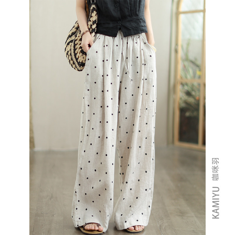 咖咪羽100%亚麻夏季新款波点时尚文艺直筒宽松通勤百搭女装休闲裤