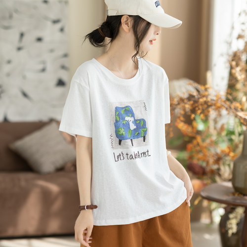 咖咪羽文艺印花白色棉麻T恤女夏季宽松圆领短袖休闲减龄卡通上衣