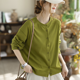 咖咪羽100%棉春季新款牛油果绿圆领开衫女宽松显瘦长袖针织上衣
