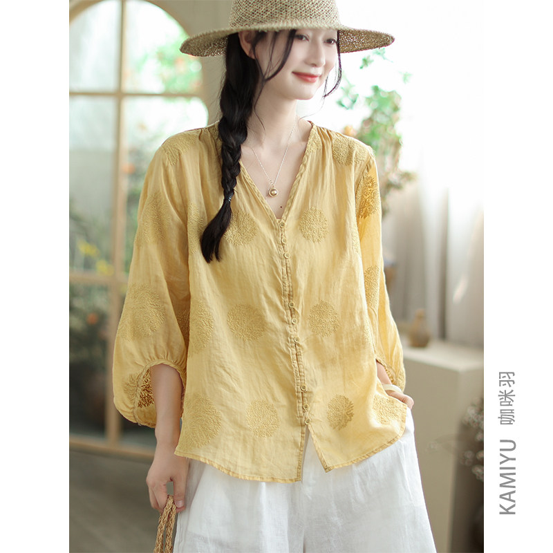 咖咪羽100%苎麻夏装新款纯色休闲刺绣百搭女式通勤时尚女装短袖