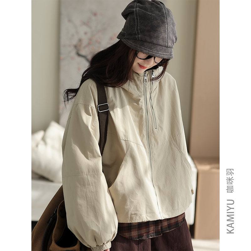 咖咪羽100%棉外套女秋季新款时尚好看连帽宽松洋气通勤女装上衣