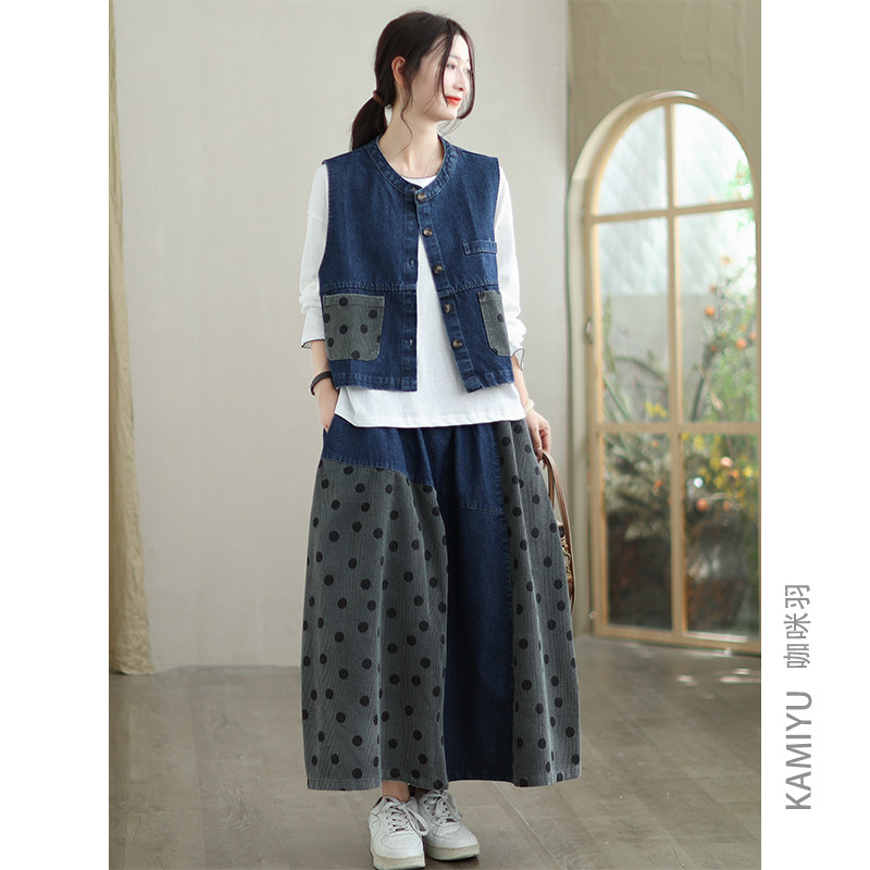 咖咪羽复古牛仔马甲+半身裙秋季新款外套百搭显瘦宽松小坎肩