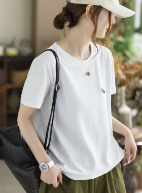 咖咪羽夏季新款简约圆领白色短袖T恤女 宽松显瘦休闲百搭刺绣上衣