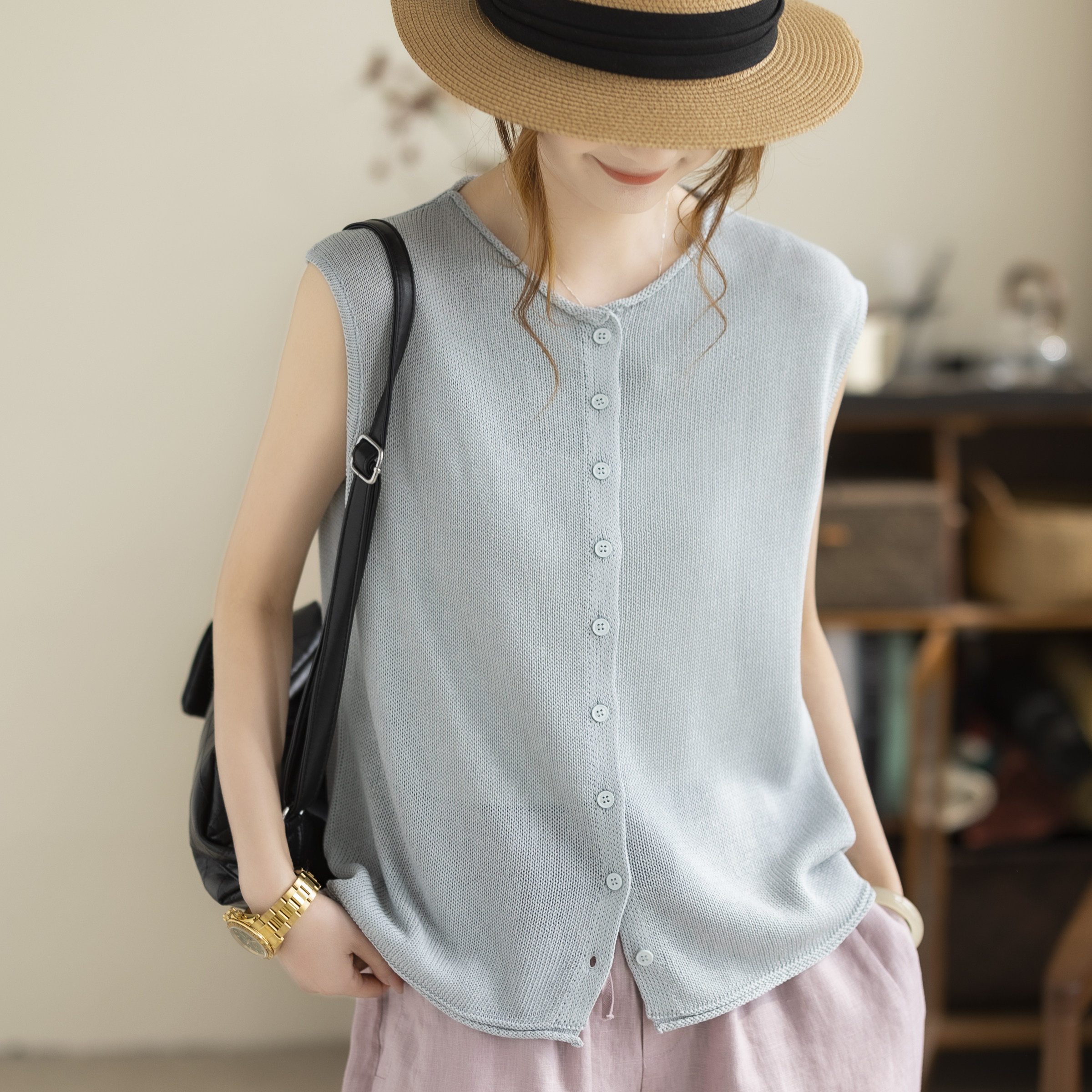 咖咪羽韩系文艺风米杏色针织无袖亚麻马甲女宽松开衫叠穿春秋上衣