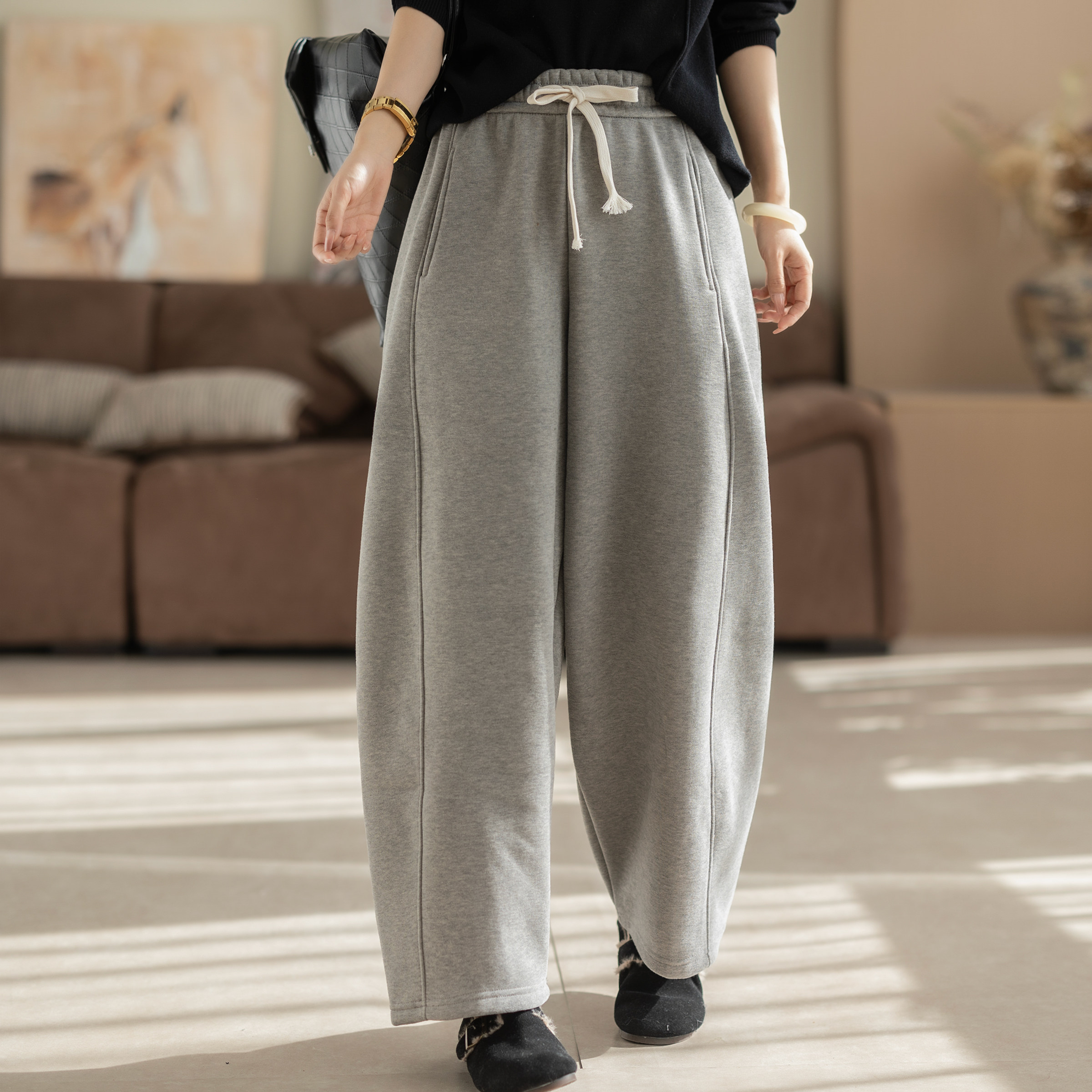 2025新款冬装女士加绒直筒文艺通勤百搭流行阔腿宽松女装休闲裤女