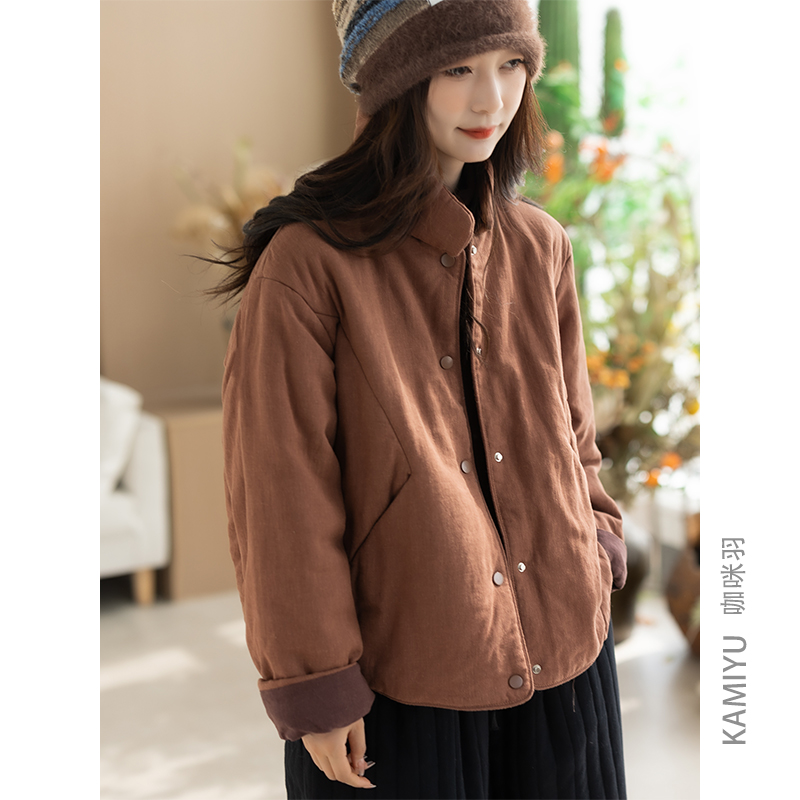 咖咪羽棉麻外套女秋冬新款女士休闲宽松纯色时髦流行女款棉服女