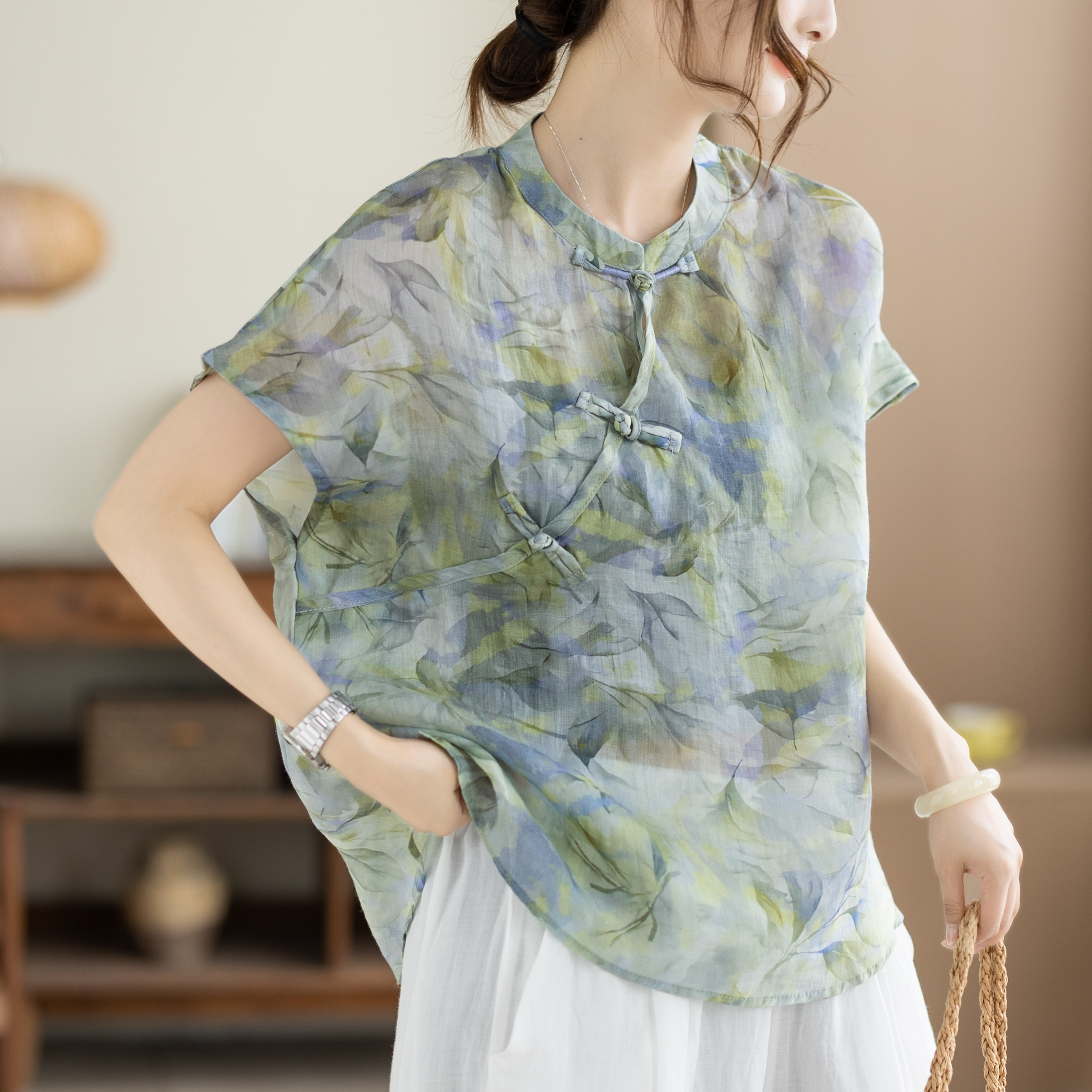 咖咪羽苎麻衬衫夏季新款休闲新中式印花衬衣宽松棉麻女装上衣短袖