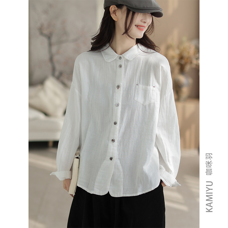 咖咪羽双层棉纱纯色衬衫女秋季新款宽松文艺百搭长袖打底衬衫