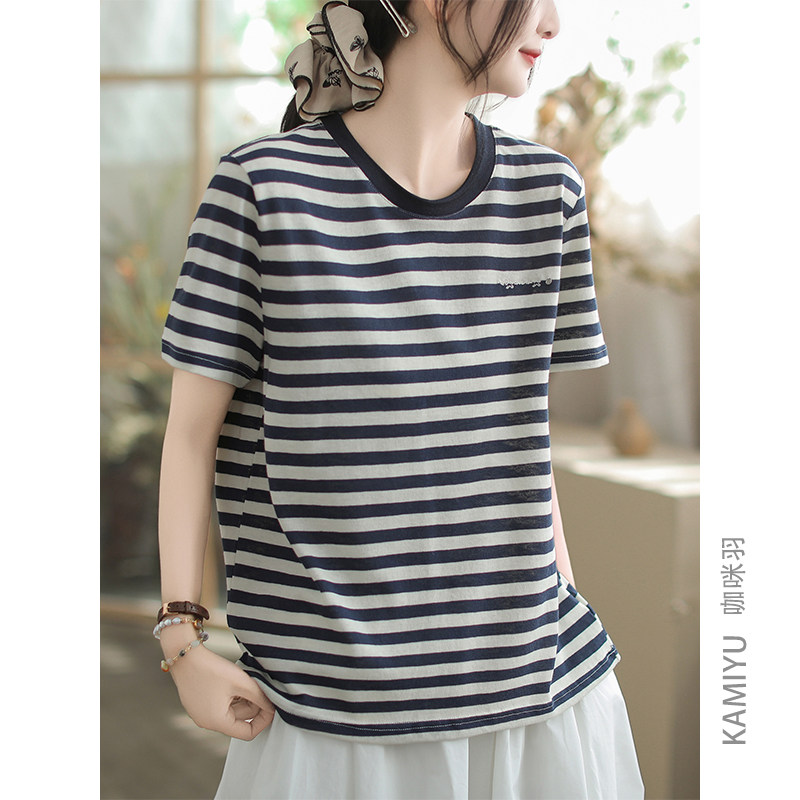 咖咪羽T恤女夏装2025新款圆领休闲条纹百搭复古时尚简约女装短袖
