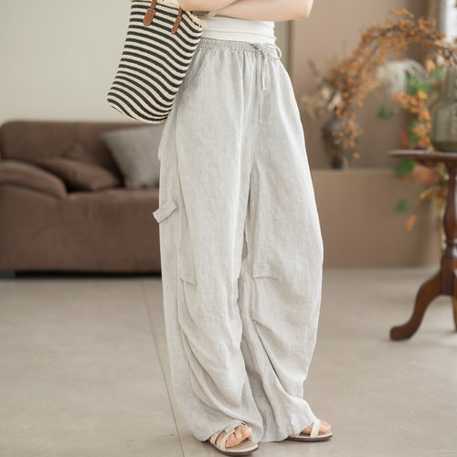 咖咪羽100%亚麻复古休闲裤女宽松显瘦垂感直筒阔腿裤设计感长裤女