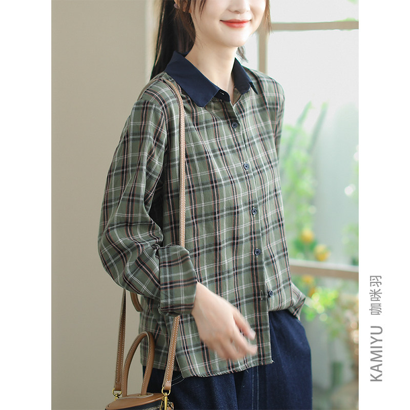 咖咪羽衬衫女早秋新款格子女式上衣通勤宽松复古休闲气质棉质开衫