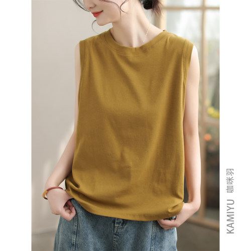 咖咪羽100%棉夏装背心短袖女休闲女士圆领无袖时尚气质显瘦 T恤