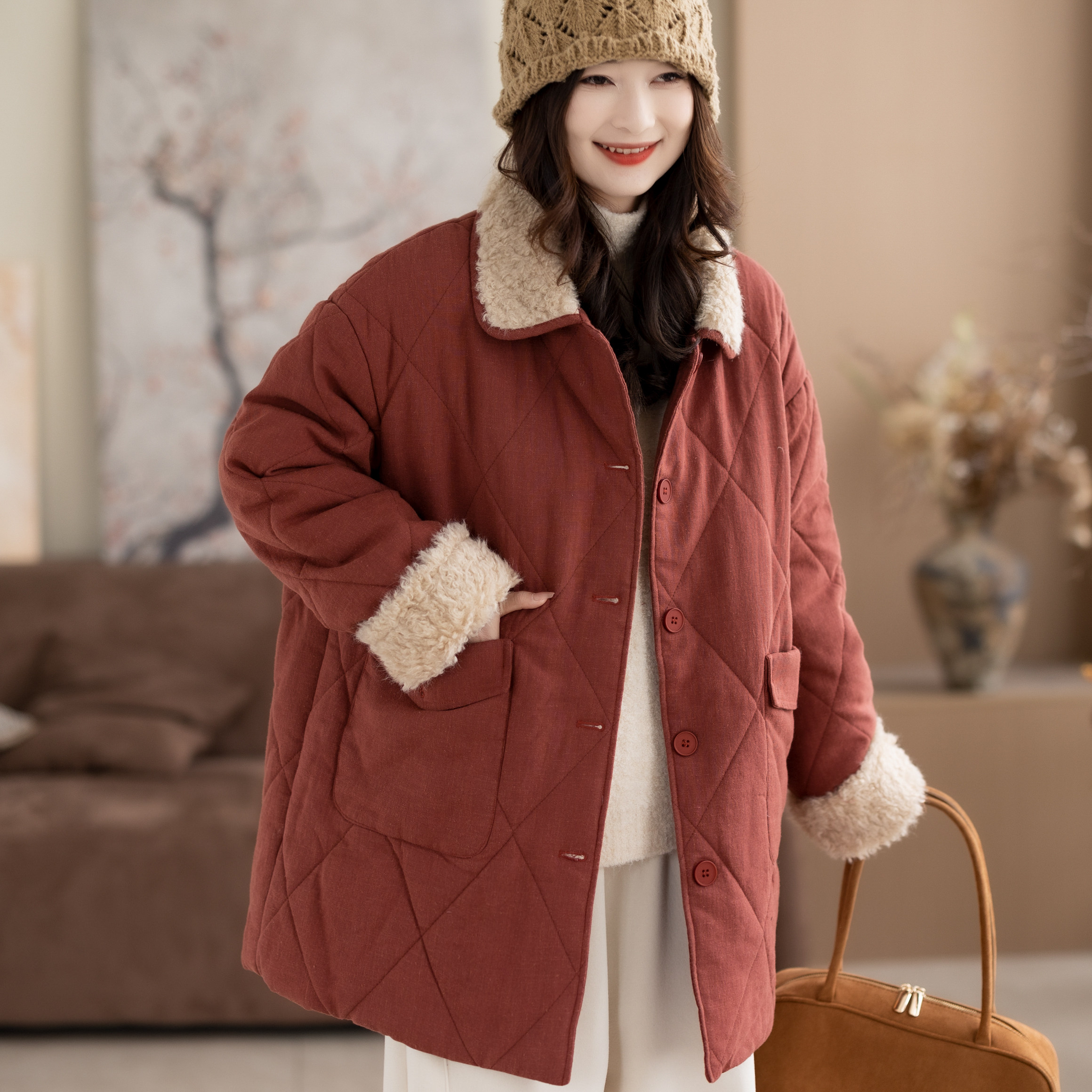 咖咪羽亚麻冬季休闲百搭菱形格拼接中长款大口袋棉服保暖外套