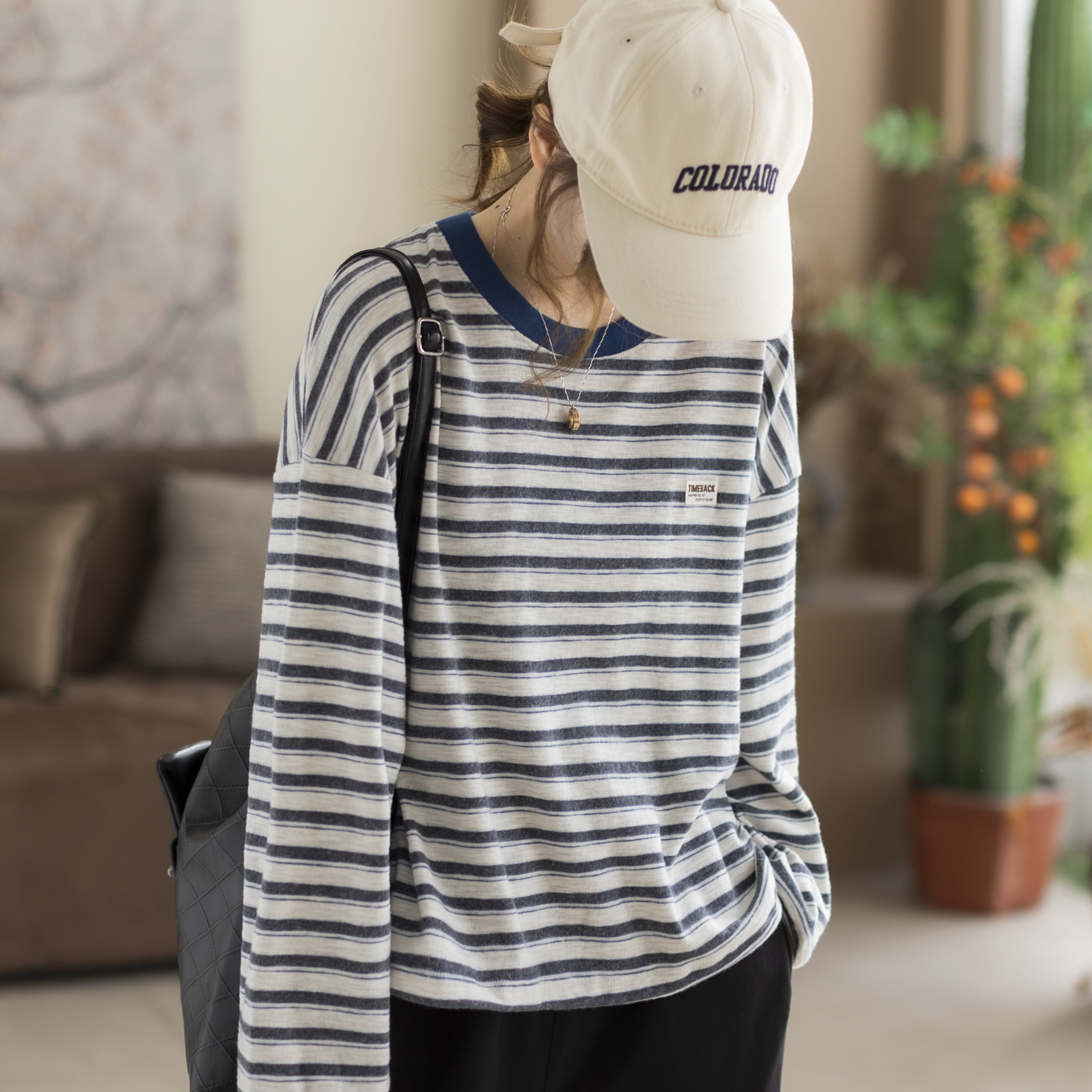 咖咪羽撞色条纹圆领长袖软糯T恤女春季打底衫宽松韩系显瘦上衣,女装/女士精品,T恤,淘宝优惠券,粉丝福利购,淘宝优惠卷