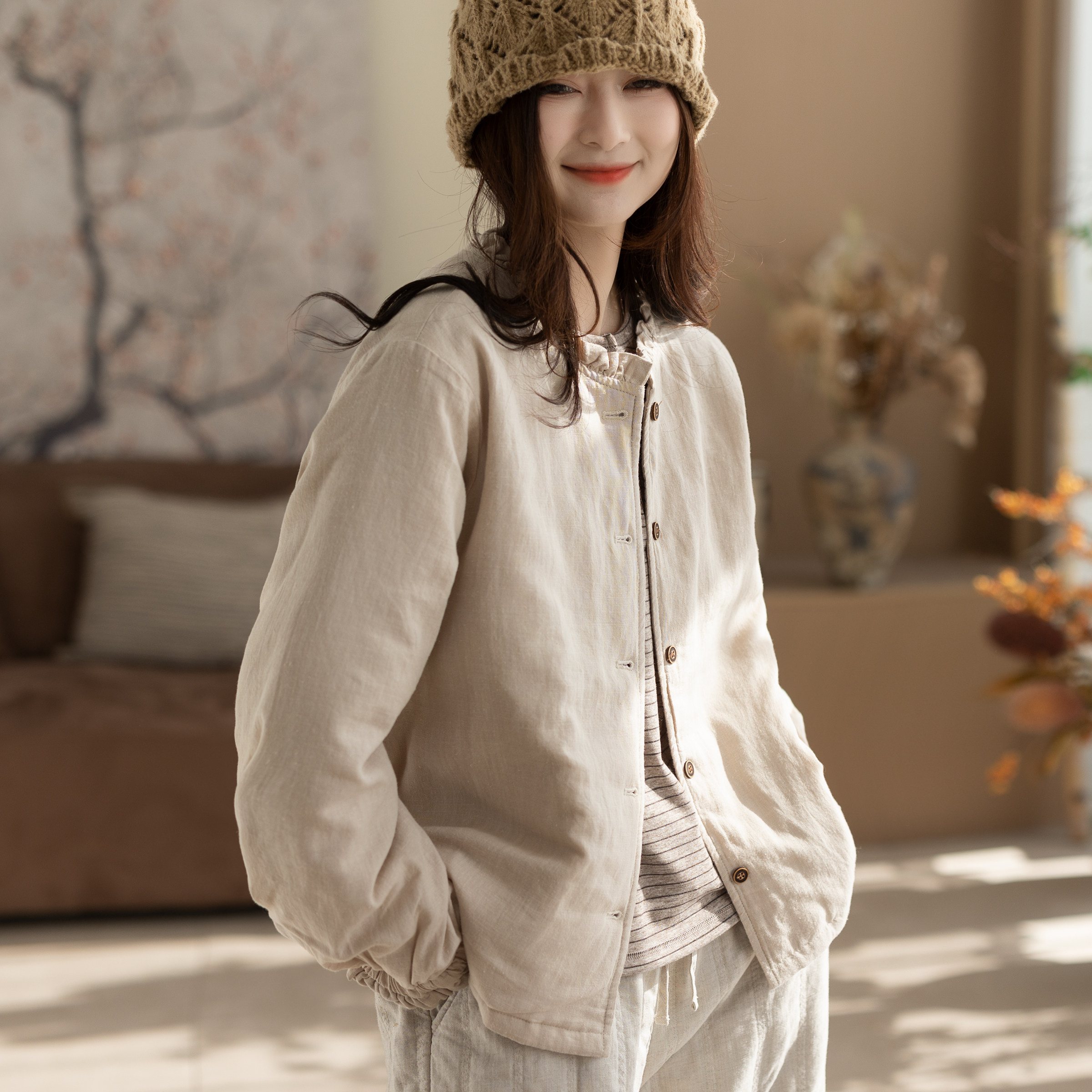 咖咪羽棉服女冬装新款汉麻女士文艺休闲宽松显瘦气质女装上衣棉袄