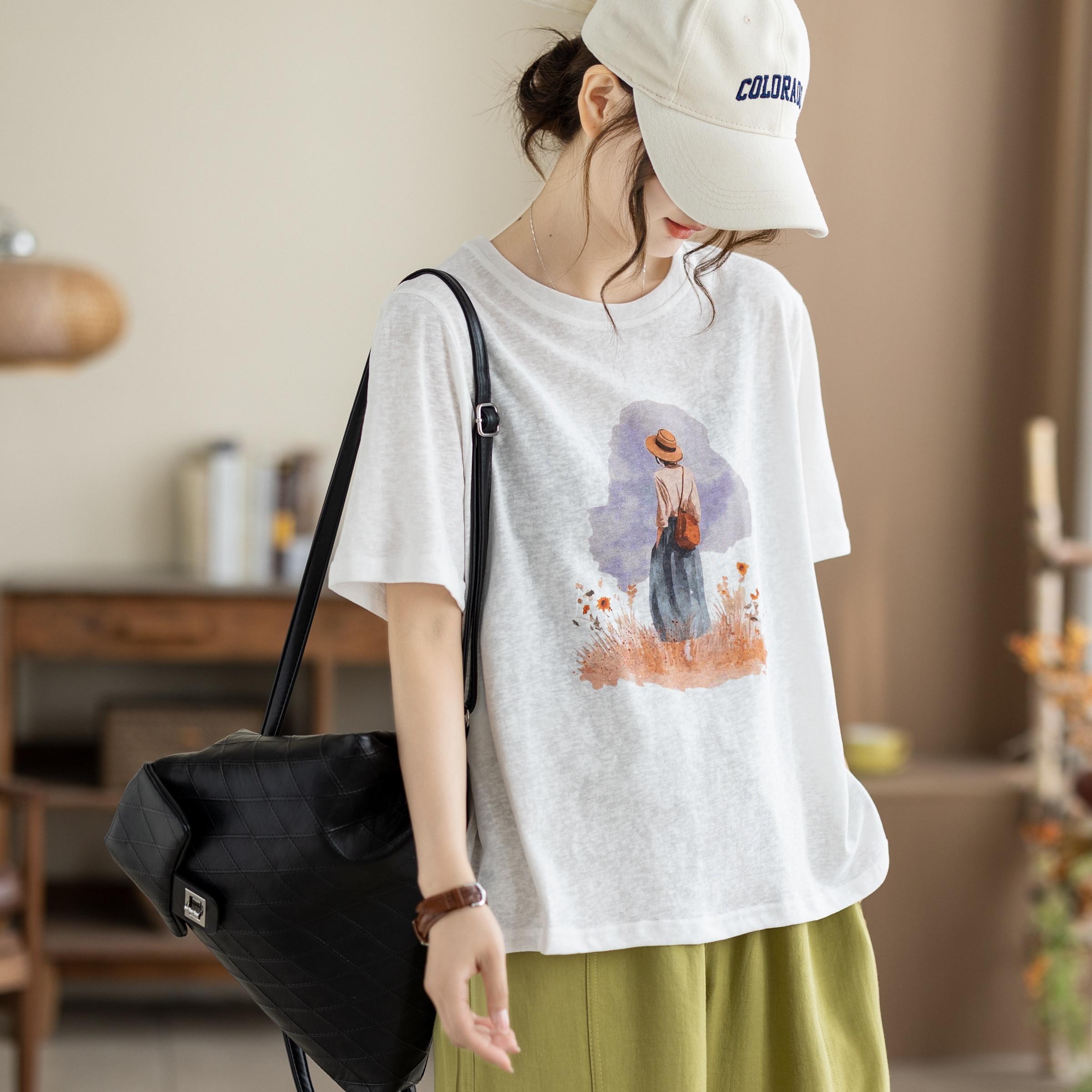 咖咪羽T恤女夏季新款女士棉麻i虚线流行休闲印花女装上衣短袖女
