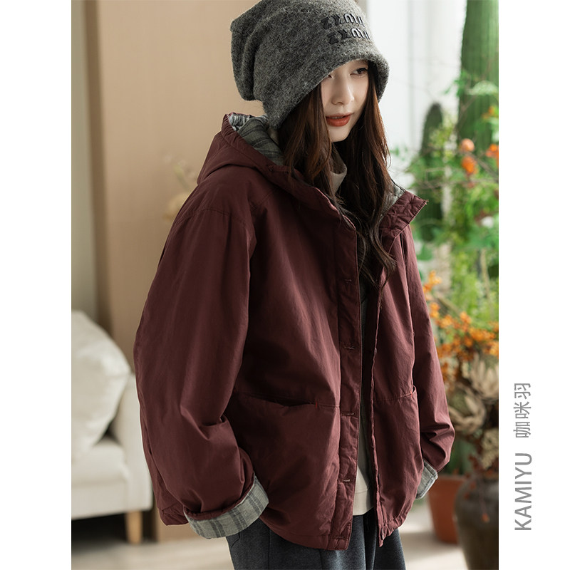 咖咪羽文艺连帽宽松休闲棉服女装2025新款休闲夹棉保暖外套