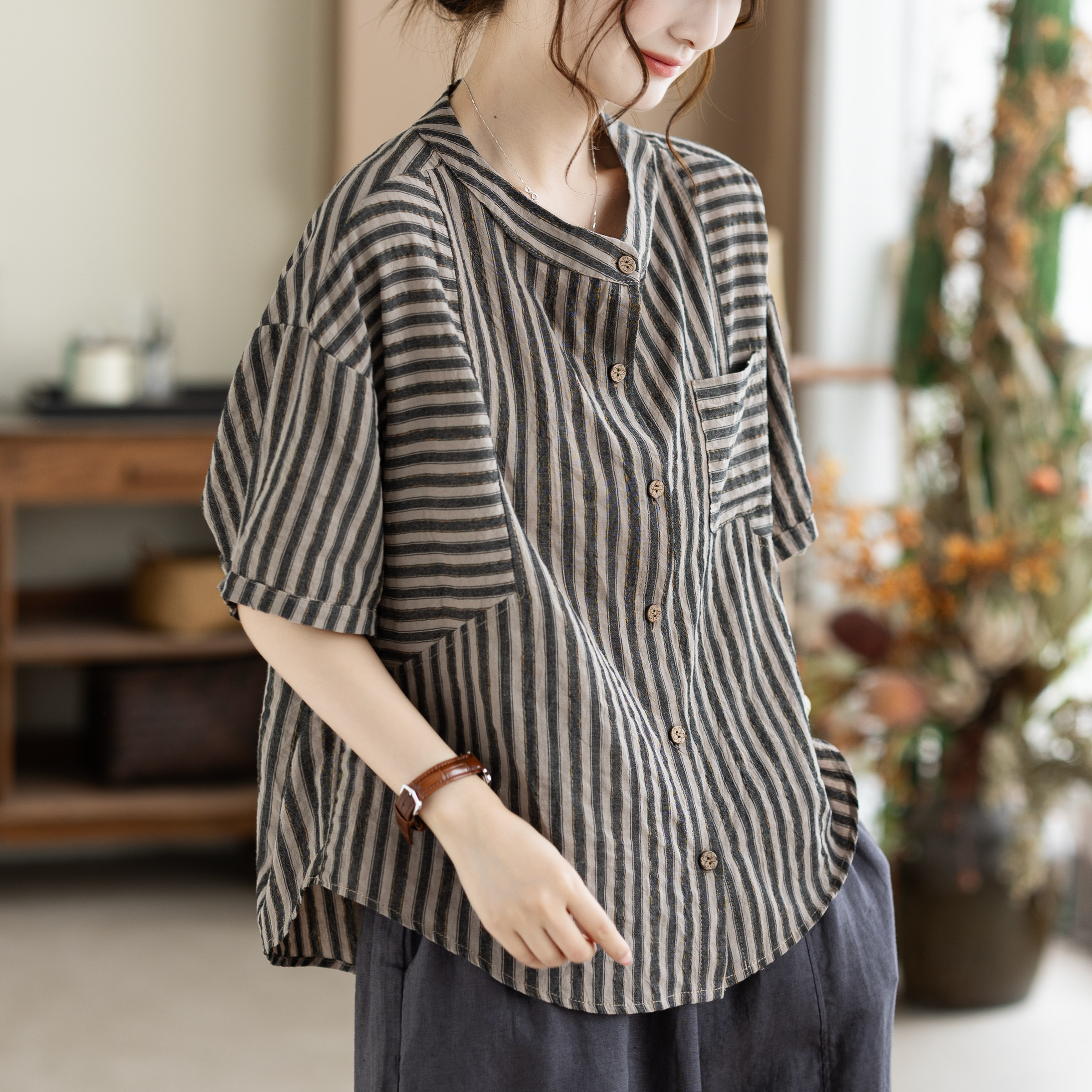 咖咪羽短袖女夏季新款棉麻复古条纹衬衫女宽松大码女装上衣衬衣女
