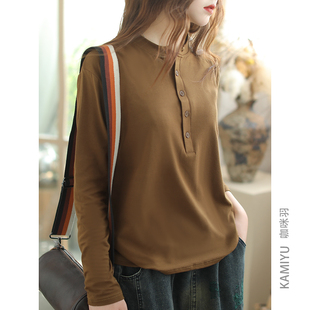 咖咪羽打底衫女秋装新款咖色复古休闲宽松气质长袖百搭女装上衣