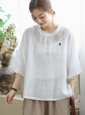 咖咪羽100%苎麻女夏季2025新款圆领白色宽松时尚百搭通勤女装衬衫