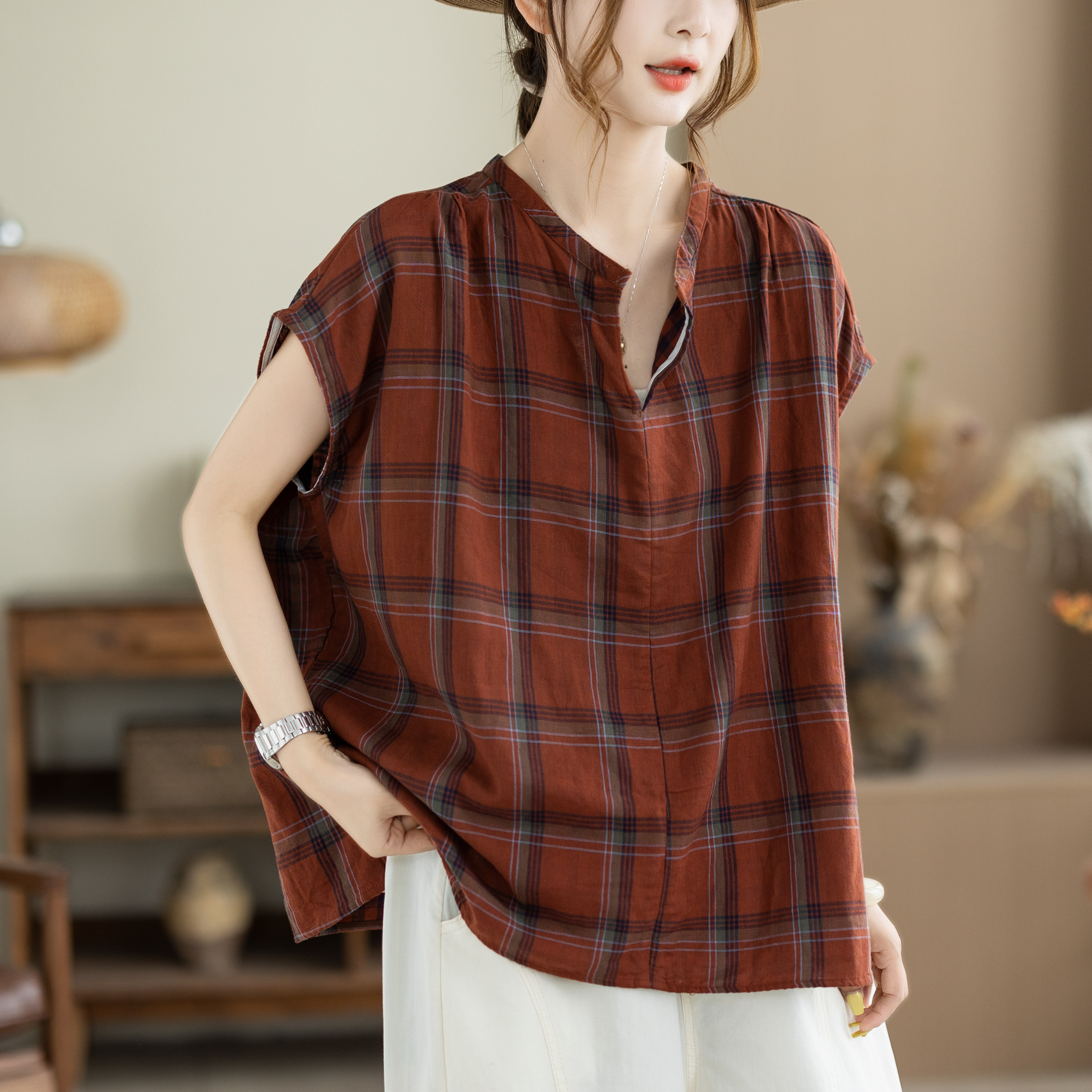 咖咪羽全棉格子衬衫女夏季宽松复古立领无袖上衣薄款休闲女装衬衣