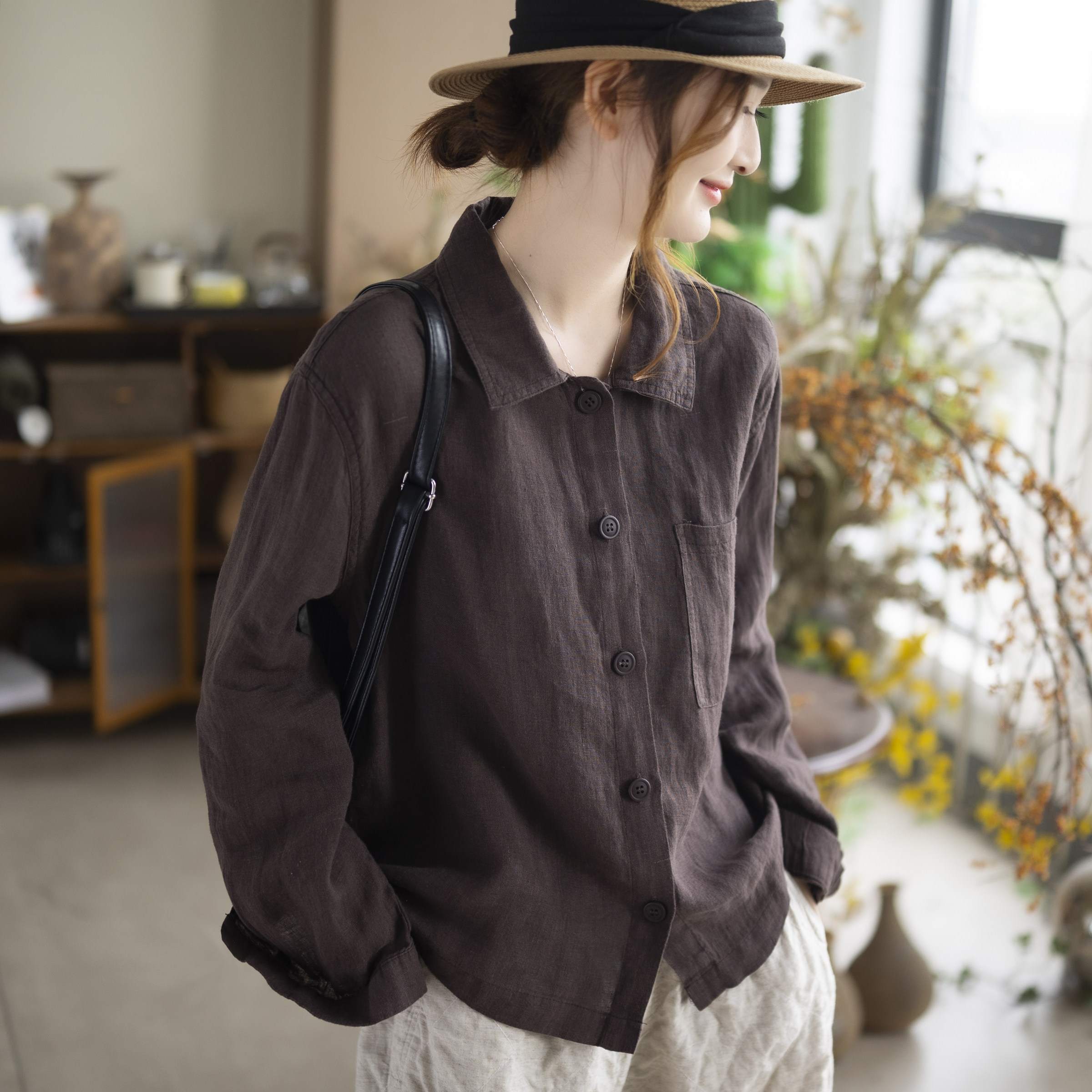 咖咪羽100%亚麻外套女春秋新款女士纯色文艺休闲宽松气质女装上衣