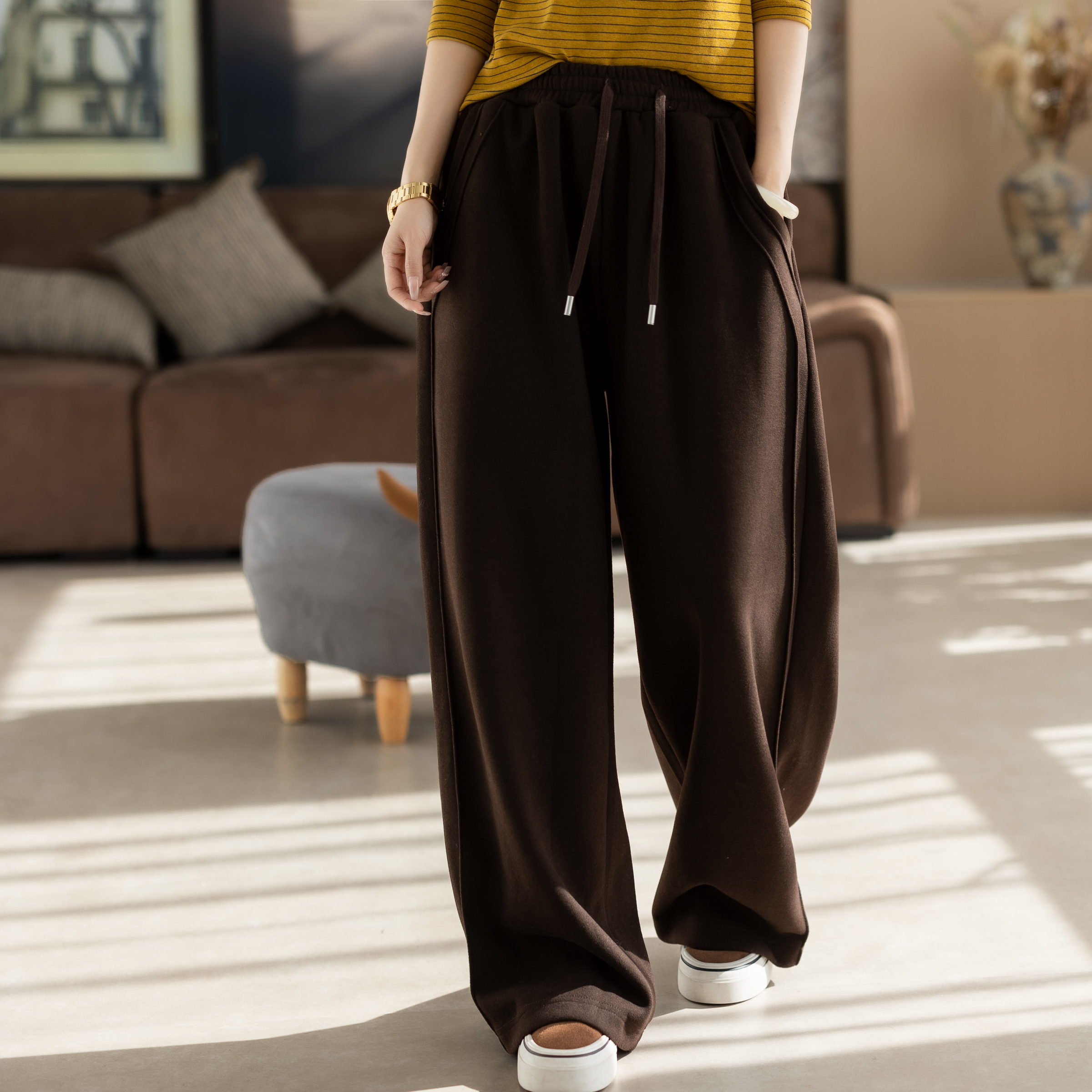 2025新款冬装女士文艺宽松直筒加绒加厚复古百搭简约女装休闲裤女