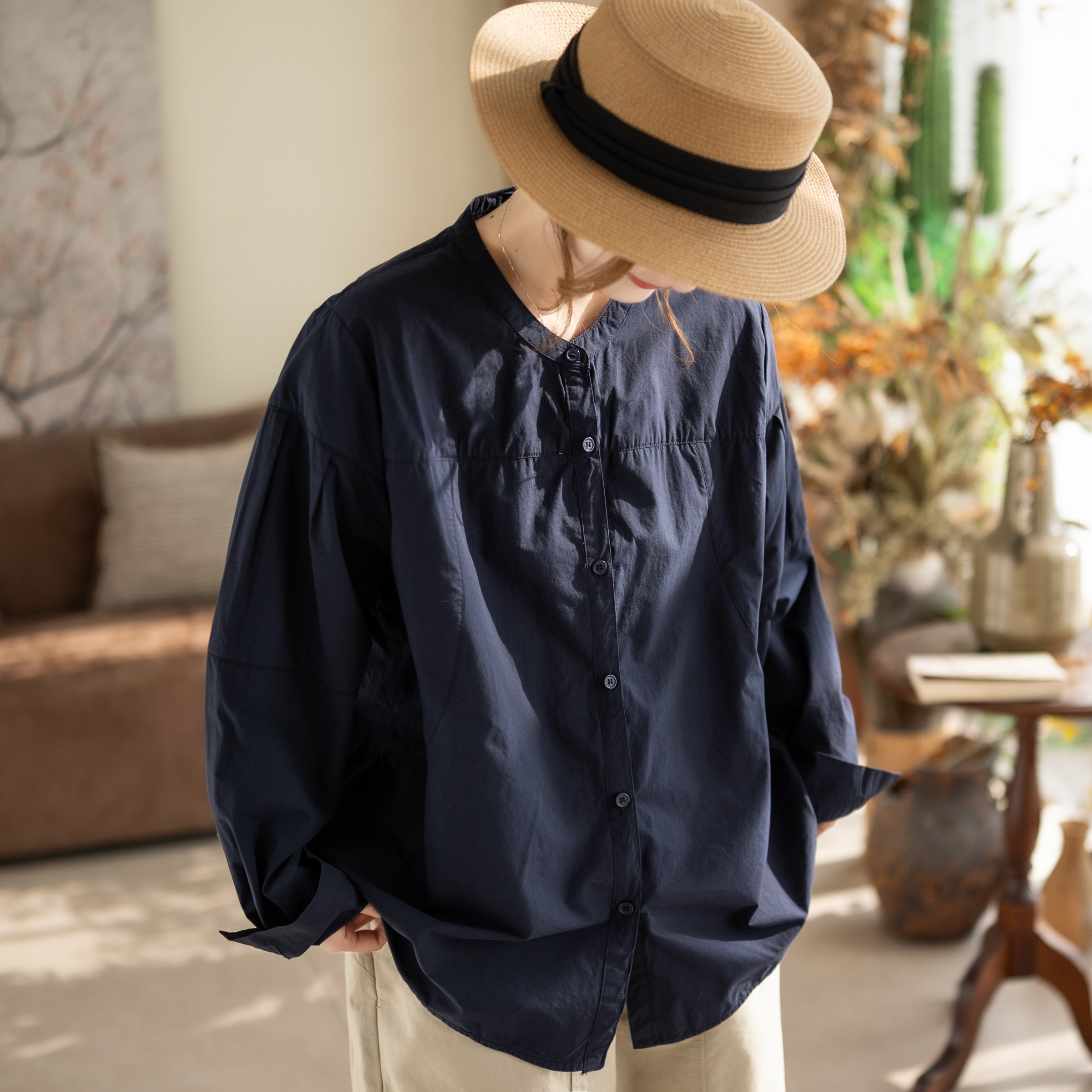 咖咪羽原创立领蓝色衬衫女春秋款日系复古长袖宽松版衬衫上衣