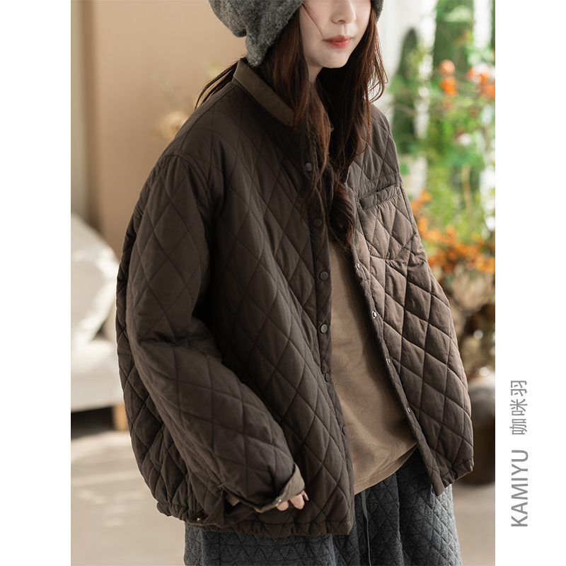 咖咪羽新款冬装棉袄时尚韩系菱形格外套轻薄小棉服休闲立领外套女