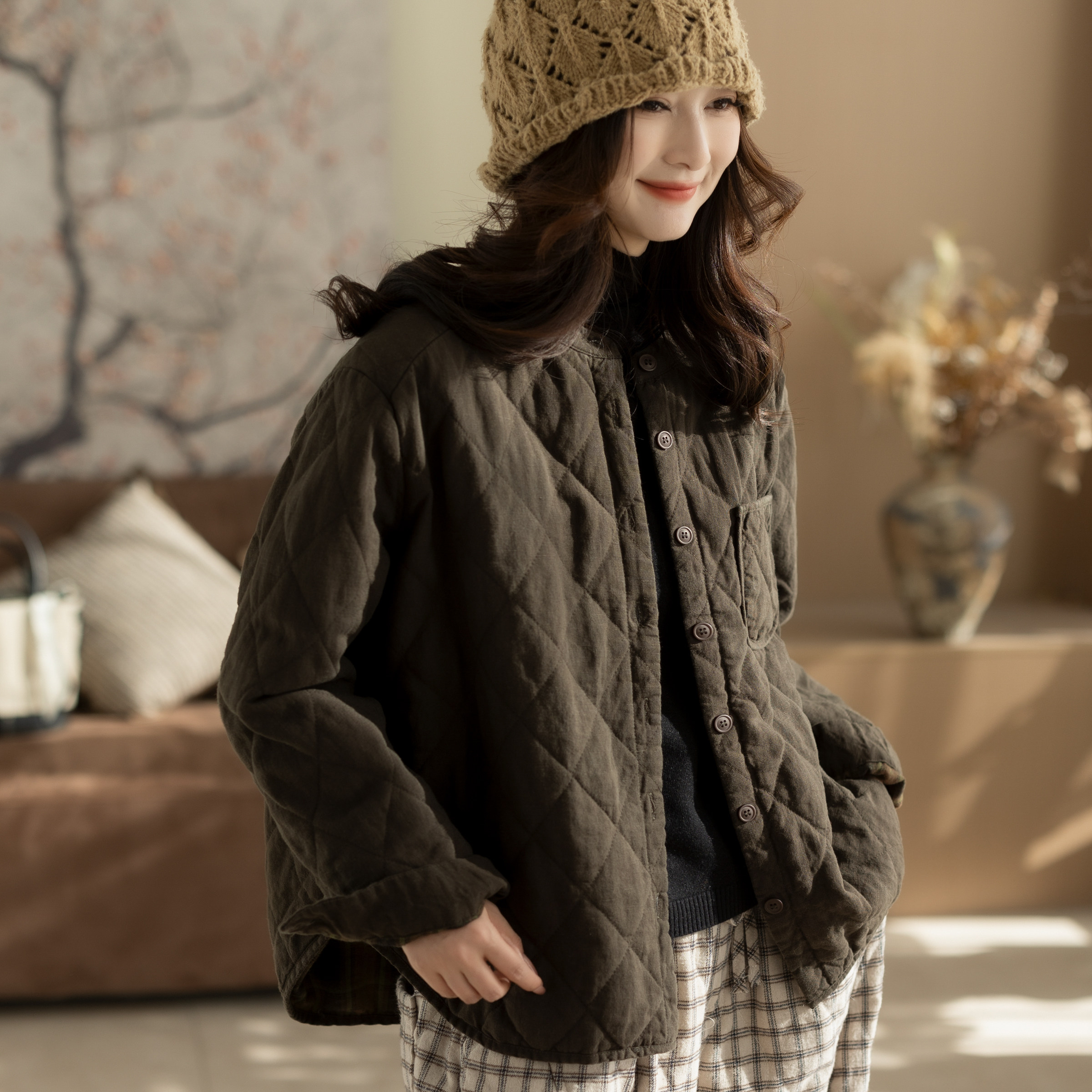 咖咪羽棉服女秋冬新款流行纯色复古文艺棉麻休闲简约女装上衣棉袄