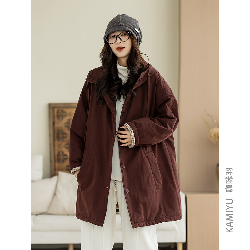 咖咪羽舒适全棉中长款纯色夹棉拼接内里格纹保暖大码连帽棉服外套