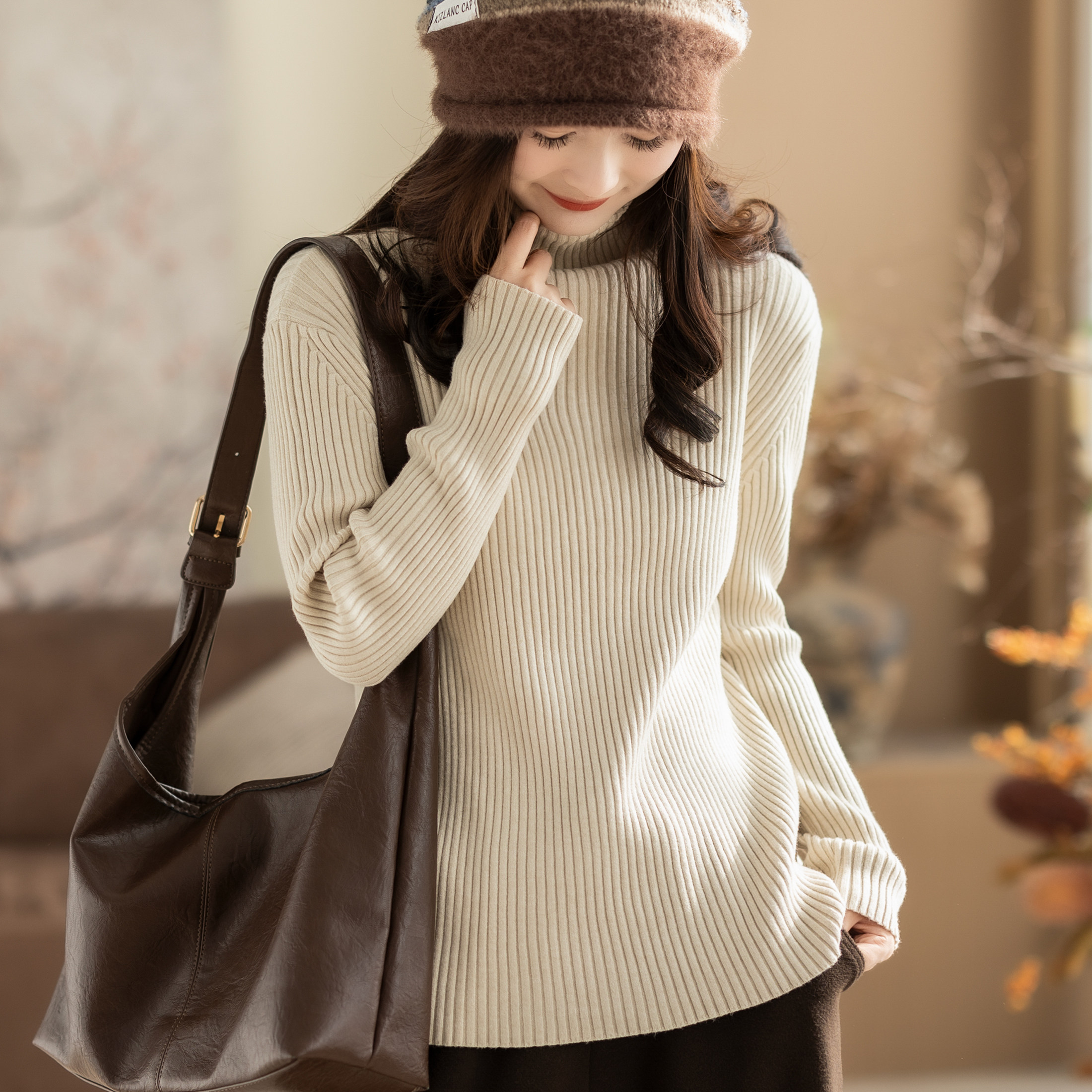 咖咪羽软糯高领针织毛衣宽松百搭大码弹力内搭打底衫上衣女