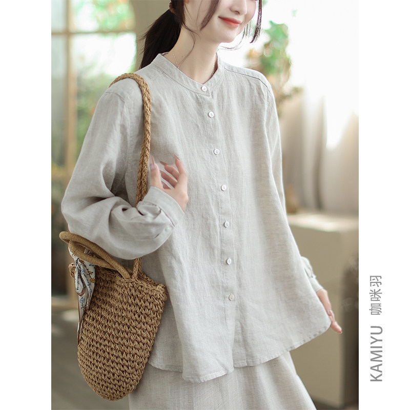 咖咪羽100%亚麻纯色衬衫外套秋季通勤开衫单排扣新款上衣女