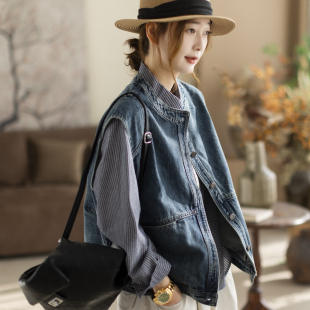 马夹 坎肩蓝色宽松拼接百搭女装 咖咪羽牛仔马甲女春秋新款 女士无袖