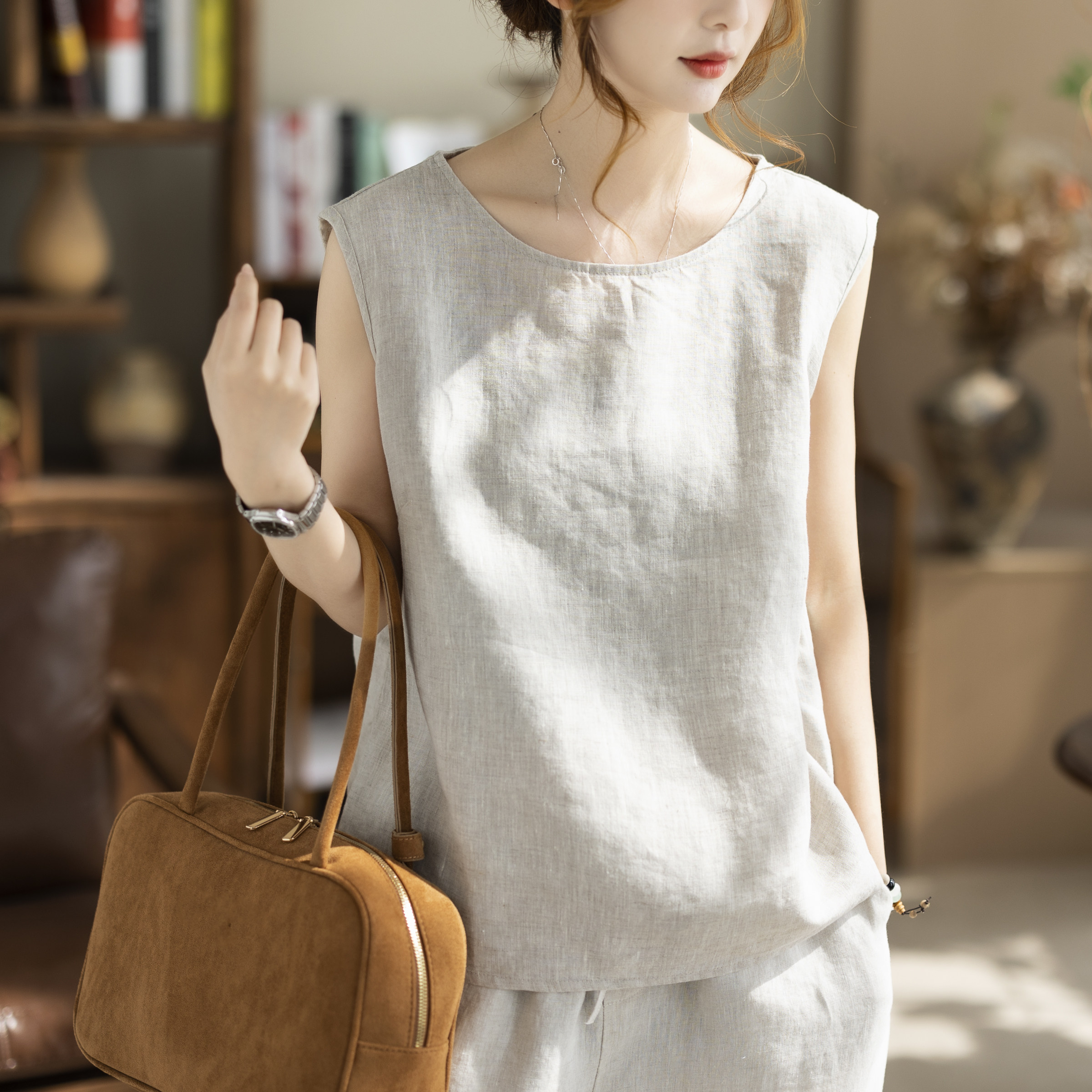咖咪羽100%亚麻圆领无袖棉麻上衣女宽松透气文艺复古外穿内搭背心