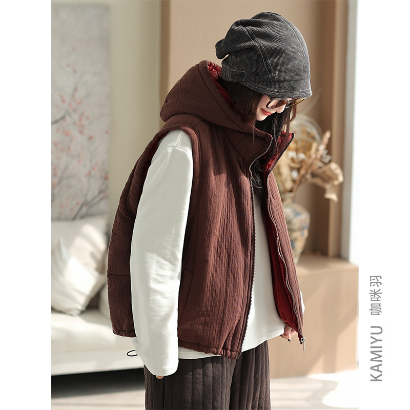 咖咪羽复古洋气减龄连帽夹棉马甲女秋季宽松显瘦工装宽松背心