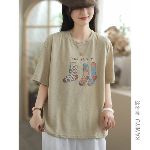 咖咪羽T恤女夏季新款休闲印花百搭复古圆领时尚气质女装上衣短袖